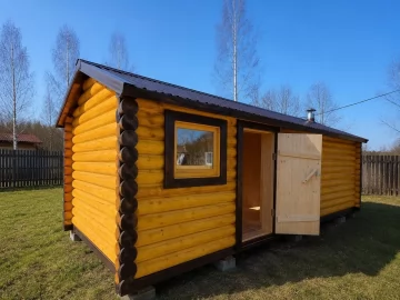 Мобильная русская баня из оцилиндрованного бревна 7х3 м